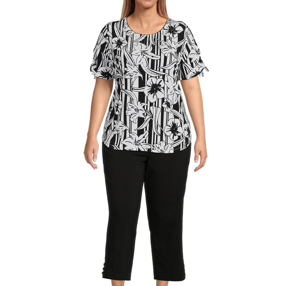 Ruched Short Sleeve Jewel Neck Tropical Bloom Stripe Floral Print Knit Top